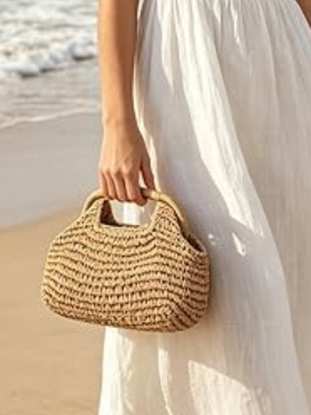 Neiman Marcus Khaki Straw Beach Crochet Clutch Purse